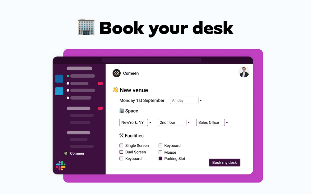 Comeen Workplace dashboard view — Office Management app on the Slack Marketplace