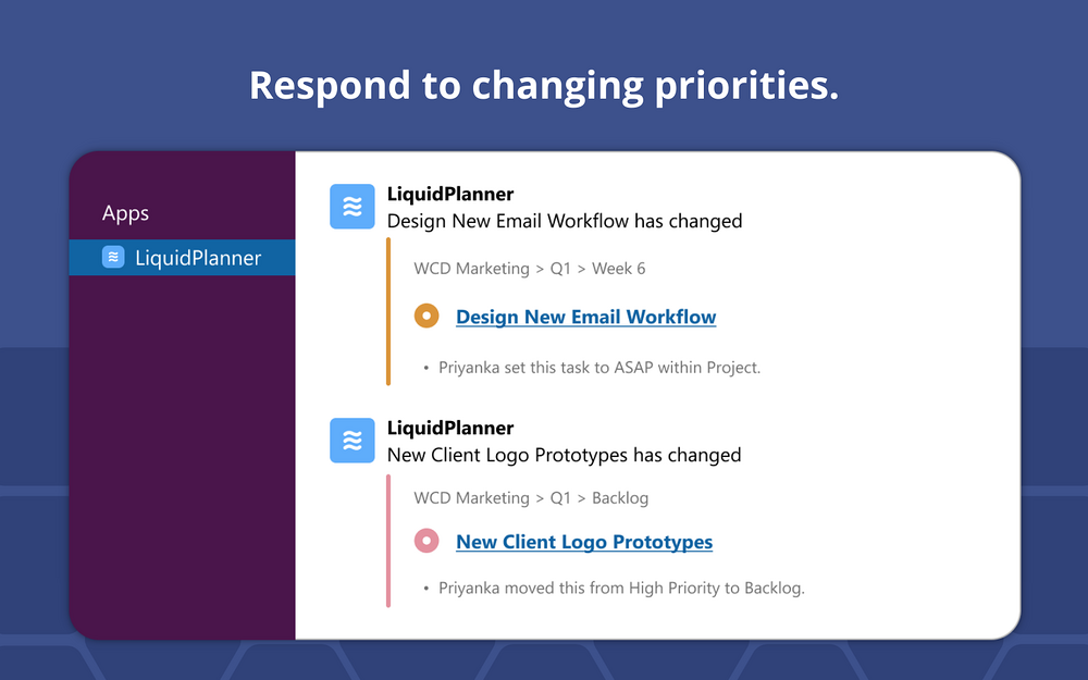 LiquidPlanner dashboard view — Project Management app on the Slack Marketplace