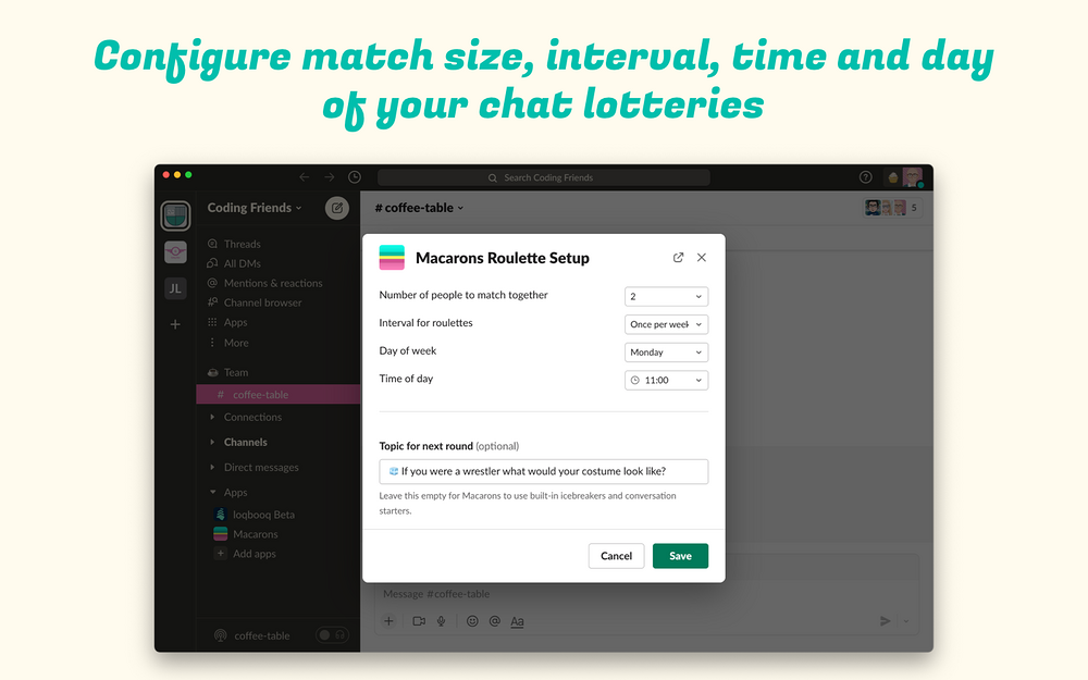 Macarons dashboard view — Working from home app on the Slack Marketplace