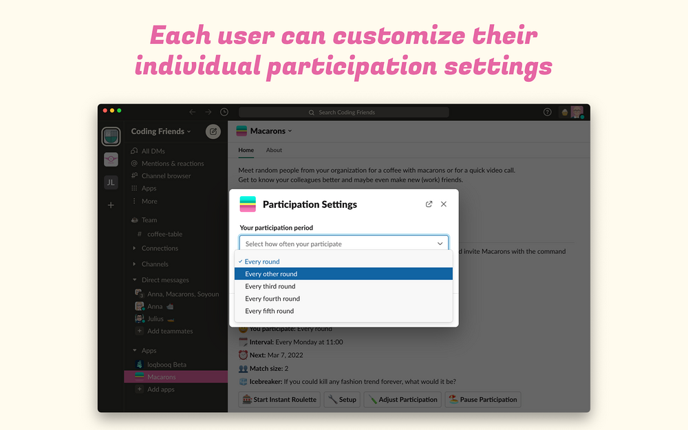 Macarons feature detail — Working from home app on the Slack Marketplace