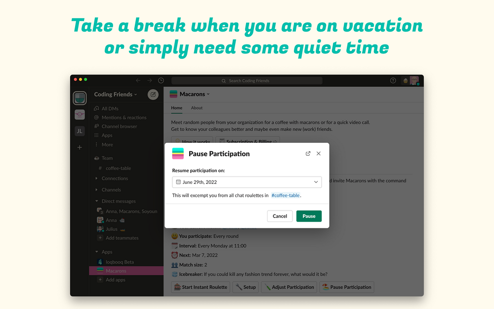 Macarons mobile preview — Working from home app on the Slack Marketplace