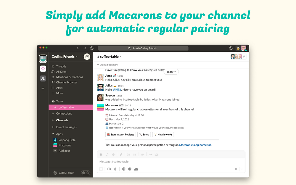 Macarons settings interface — Working from home app on the Slack Marketplace