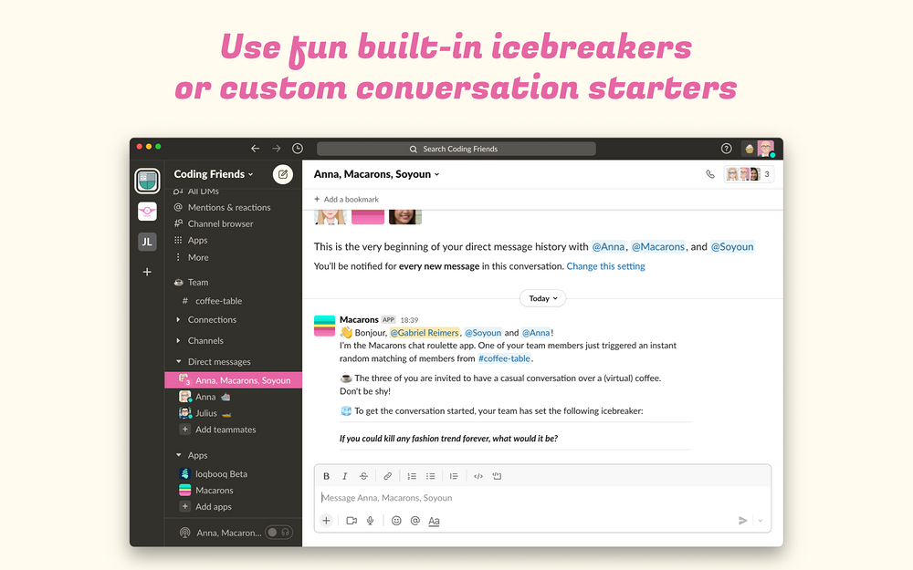 Macarons integration setup — Working from home app on the Slack Marketplace