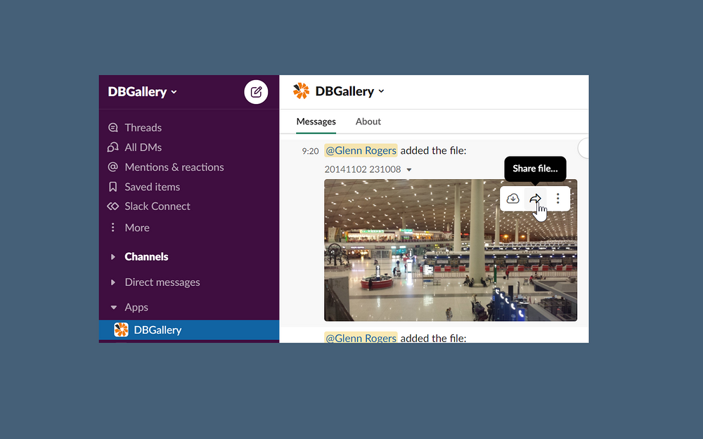 DBGallery feature detail — File Management app on the Slack Marketplace