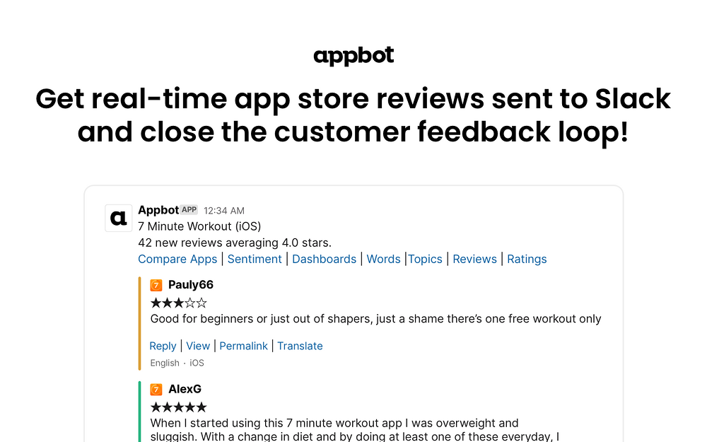 Appbot: App review alerts & replies primary marketing image — Customer Support app on the Slack Marketplace