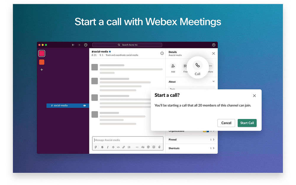 Webex Meetings dashboard view — Daily Tools app on the Slack Marketplace