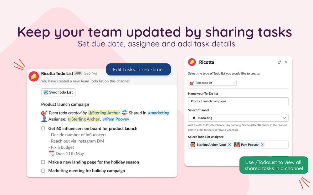 Ricotta Todo List settings interface — Project Management app on the Slack Marketplace
