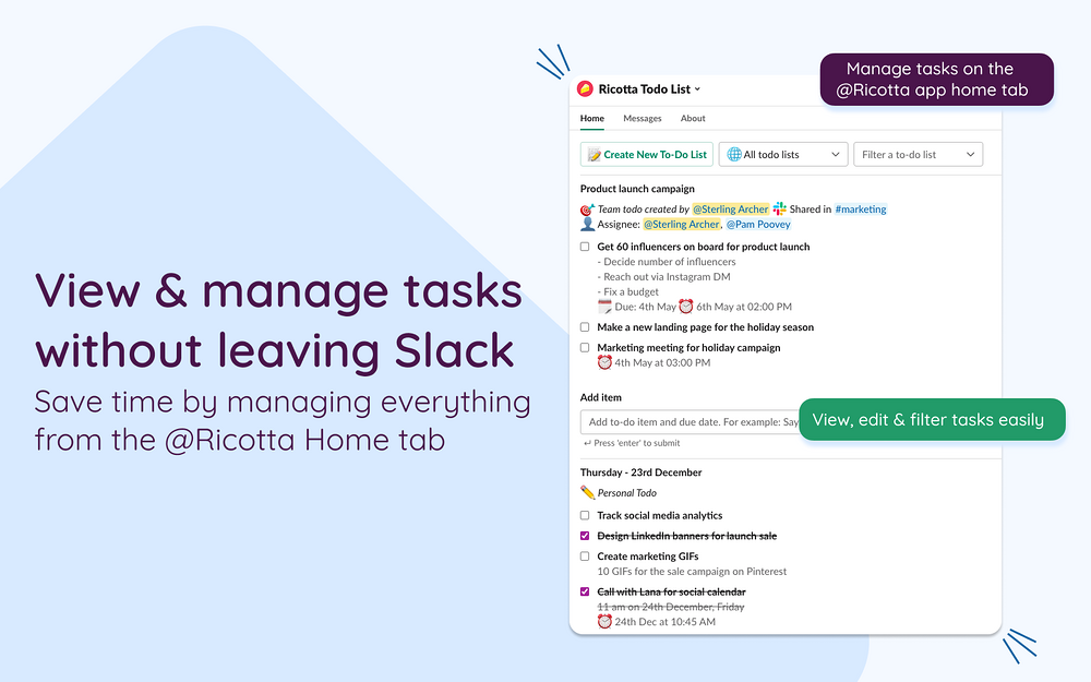 Ricotta Todo List feature detail — Project Management app on the Slack Marketplace