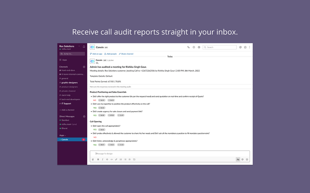 Convin dashboard view — Sales app on the Slack Marketplace