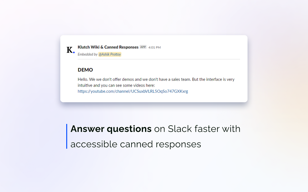 Klutch Wiki & Canned Responses feature detail — Customer Support app on the Slack Marketplace