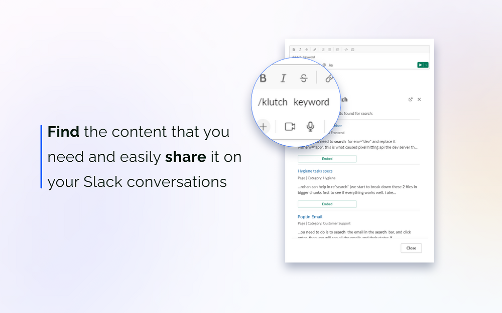 Klutch Wiki & Canned Responses dashboard view — Customer Support app on the Slack Marketplace
