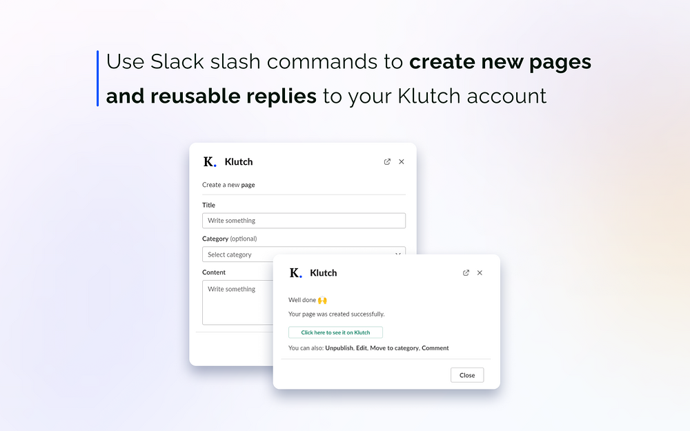Klutch Wiki & Canned Responses settings interface — Customer Support app on the Slack Marketplace