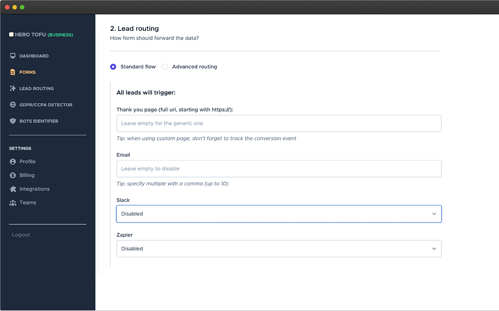 HeroTofu dashboard view — Marketing app on the Slack Marketplace