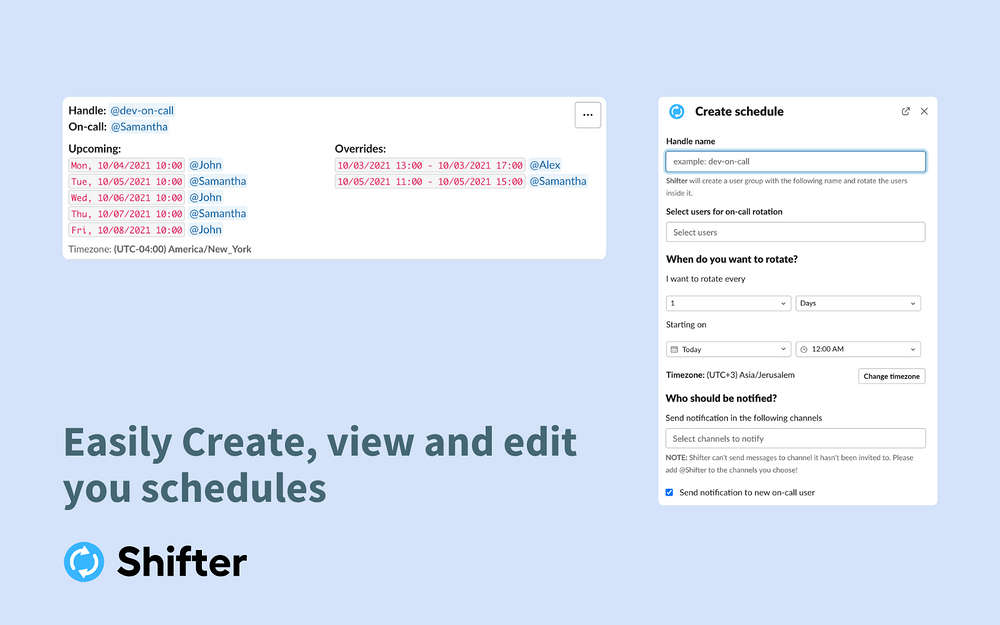 Shifter | On-Call Shift Manager dashboard view — Brilliant Bots app on the Slack Marketplace