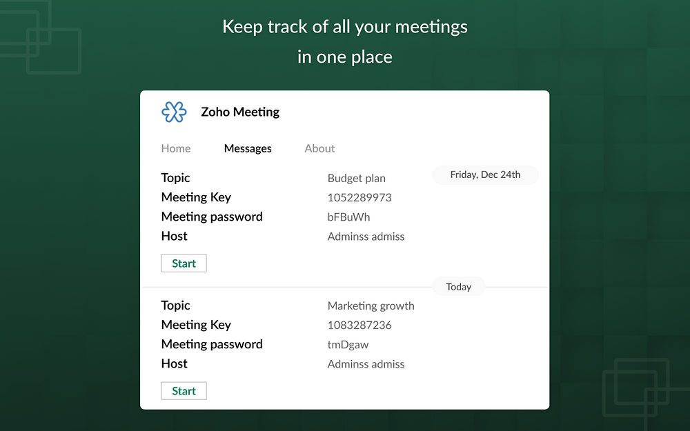 Zoho Meeting mobile preview — Marketing app on the Slack Marketplace
