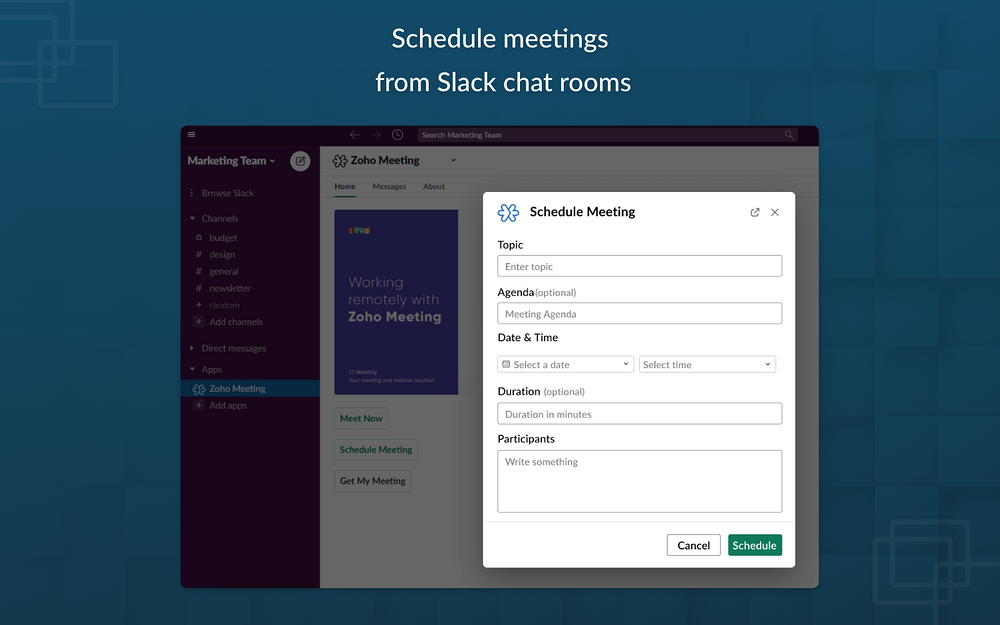 Zoho Meeting settings interface — Marketing app on the Slack Marketplace