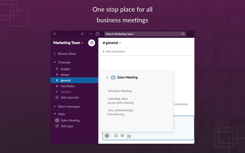 Zoho Meeting feature detail — Marketing app on the Slack Marketplace