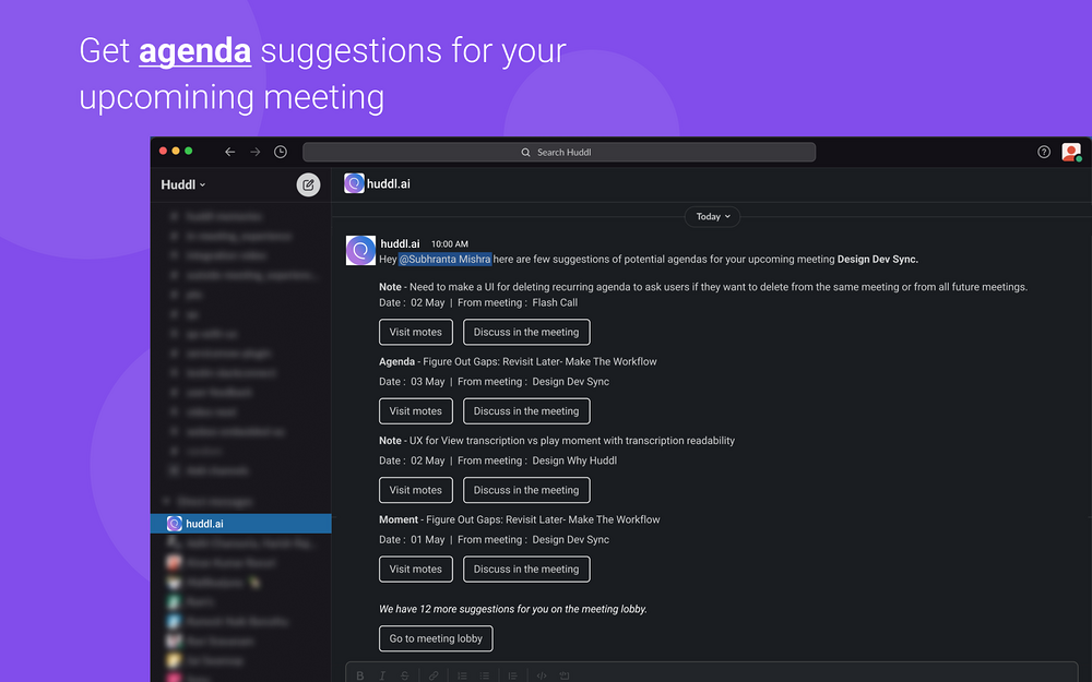 huddl.ai settings interface — Communication app on the Slack Marketplace