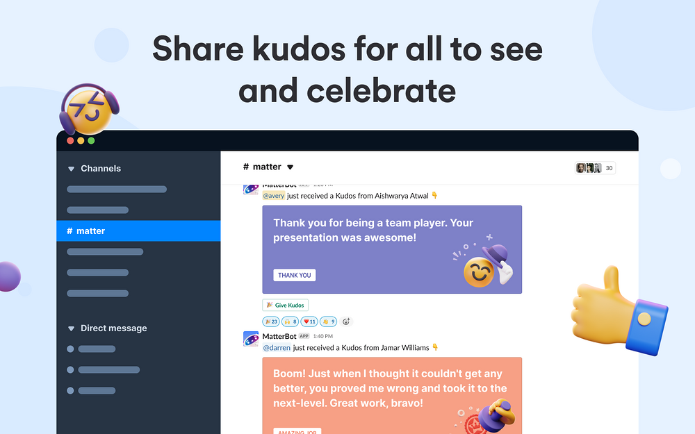 Matter: Recognition & Rewards feature detail — Working from home app on the Slack Marketplace