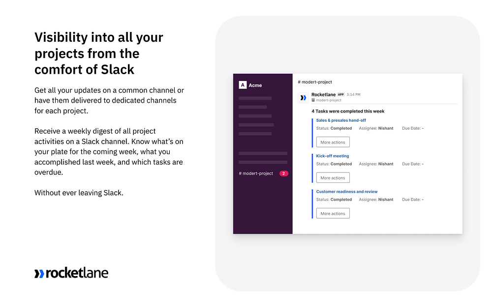 Rocketlane dashboard view — Project Management app on the Slack Marketplace