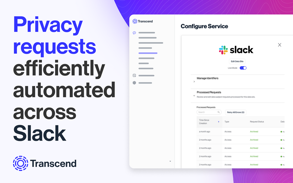 Transcend dashboard view — Security & Compliance app on the Slack Marketplace