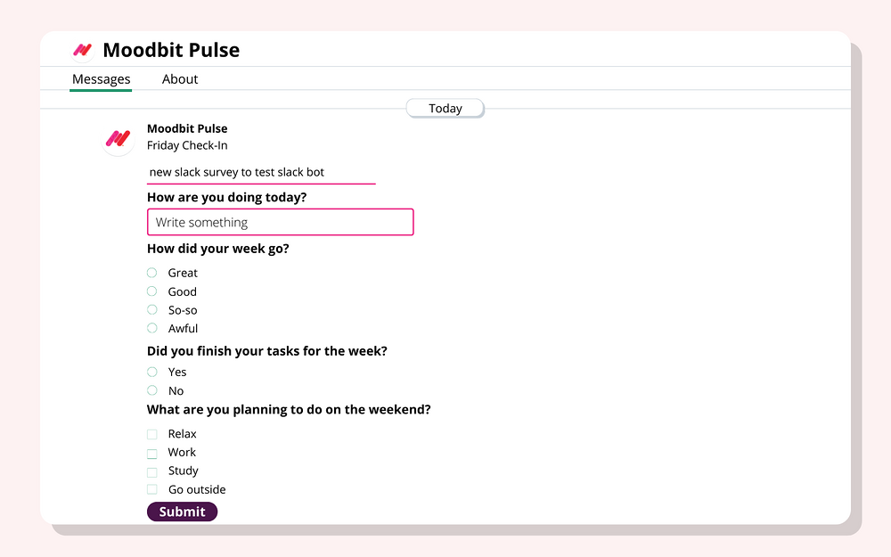 Moodbit Pulse settings interface — Analytics app on the Slack Marketplace
