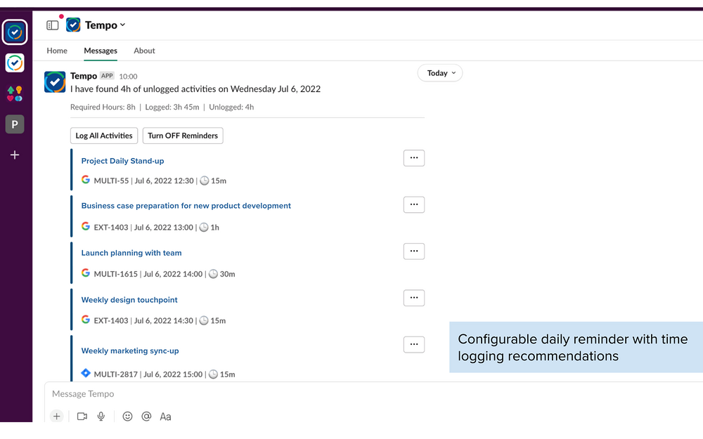 Tempo dashboard view — Project Management app on the Slack Marketplace