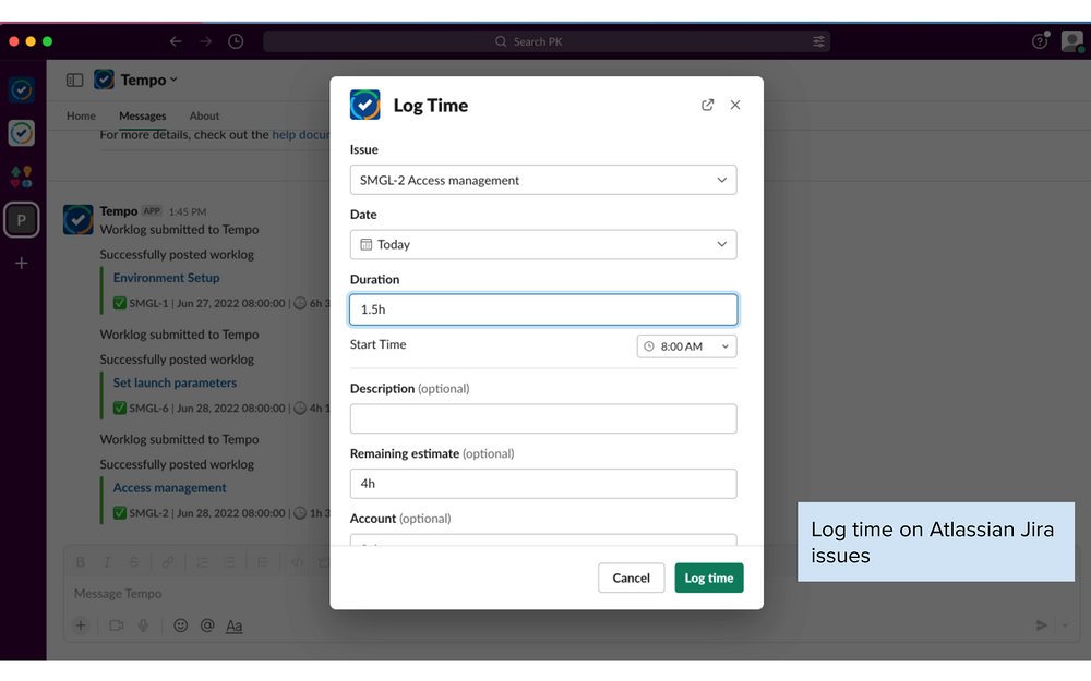 Tempo feature detail — Project Management app on the Slack Marketplace