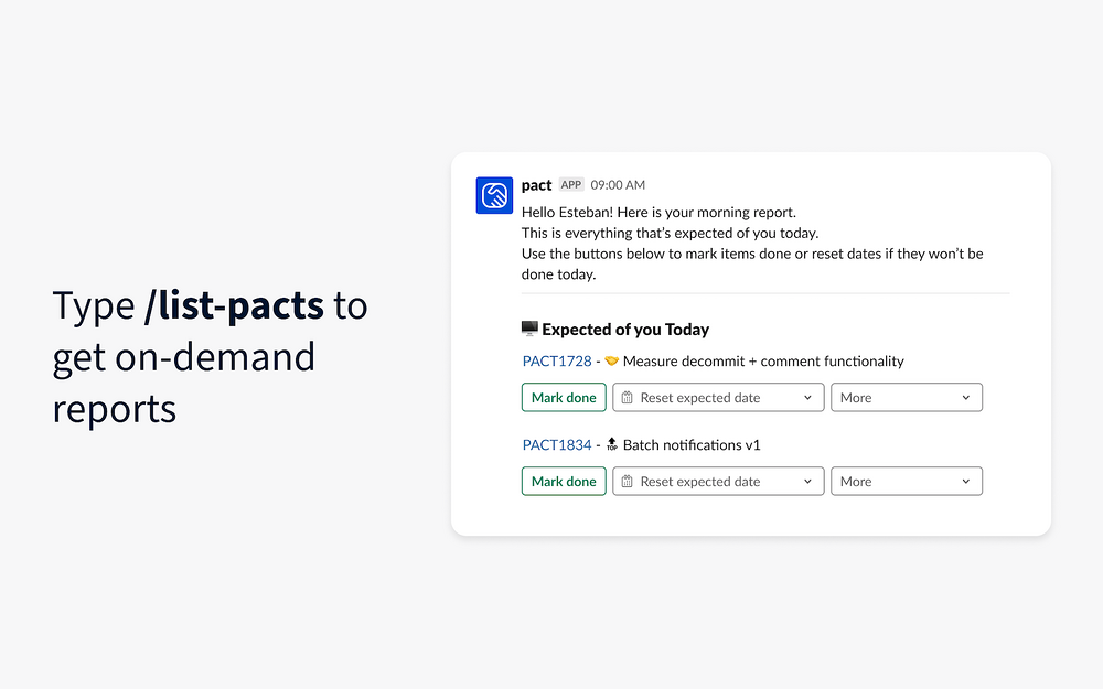 Pact settings interface — Project Management app on the Slack Marketplace