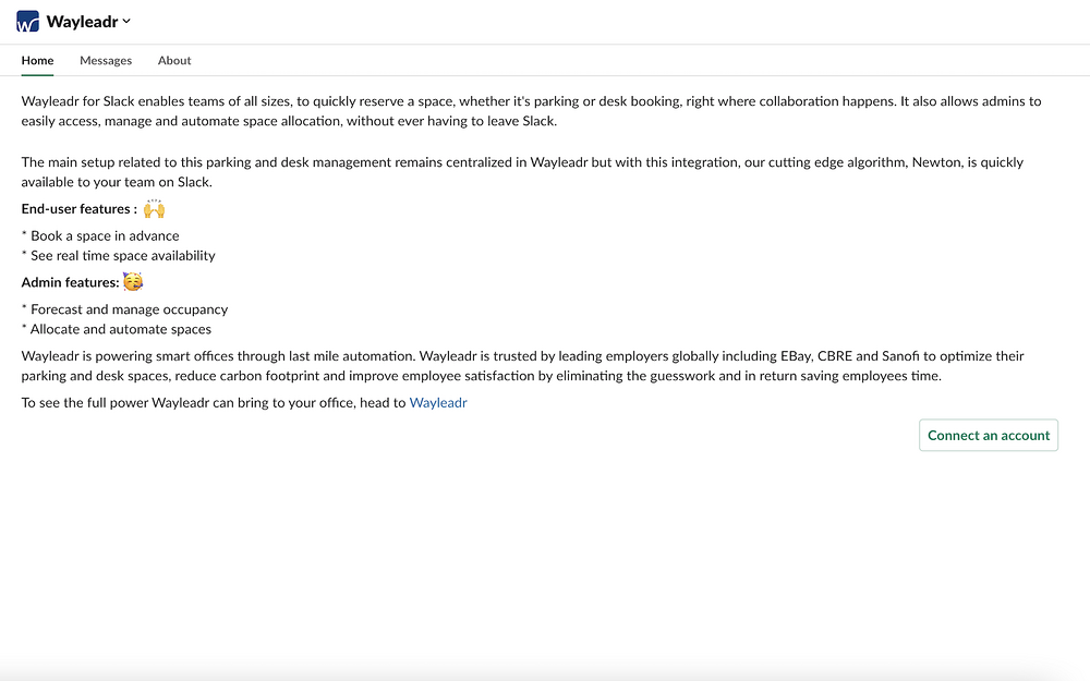 Wayleadr settings interface — Travel app on the Slack Marketplace