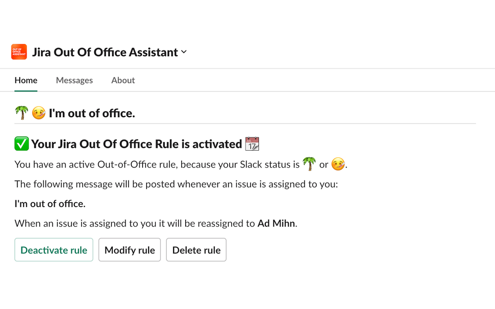 Out Of Office Assistant for Jira integration setup — Office Management app on the Slack Marketplace
