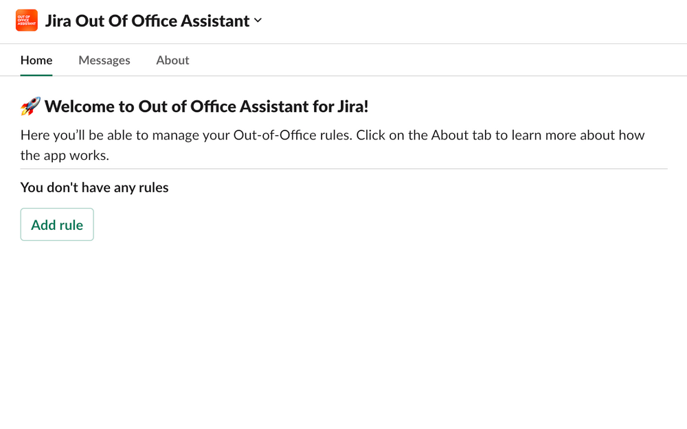 Out Of Office Assistant for Jira settings interface — Office Management app on the Slack Marketplace