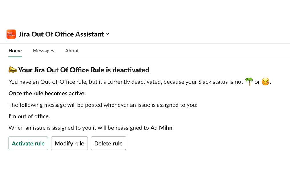 Out Of Office Assistant for Jira feature detail — Office Management app on the Slack Marketplace