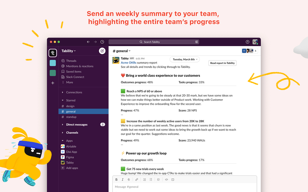 Tability OKRs feature detail — Project Management app on the Slack Marketplace