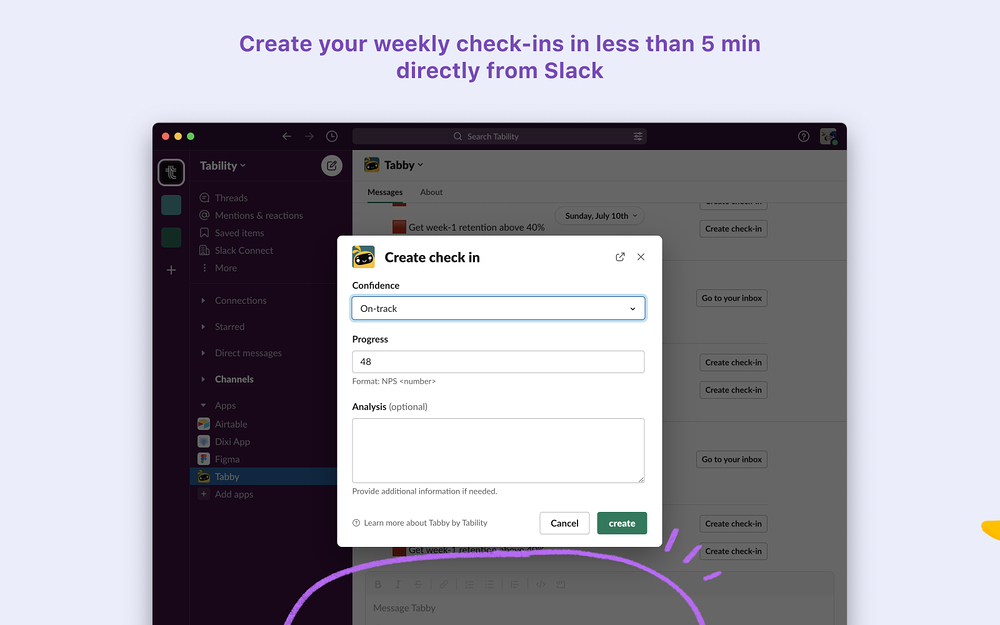 Tability OKRs dashboard view — Project Management app on the Slack Marketplace