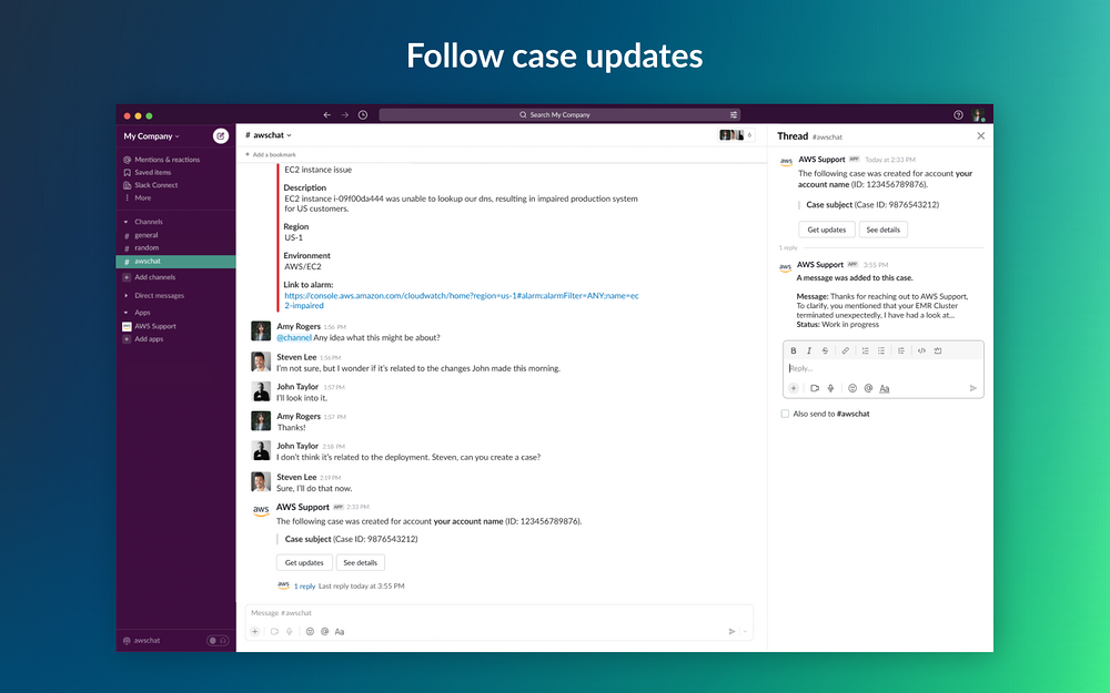 AWS Support feature detail — Customer Support app on the Slack Marketplace
