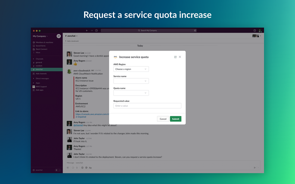 AWS Support dashboard view — Customer Support app on the Slack Marketplace