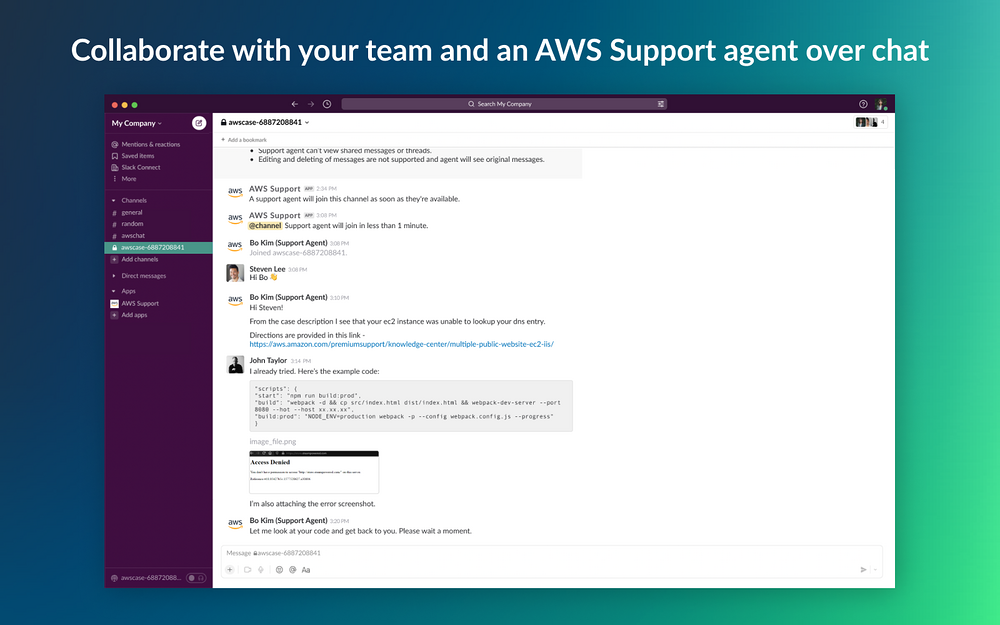 AWS Support settings interface — Customer Support app on the Slack Marketplace