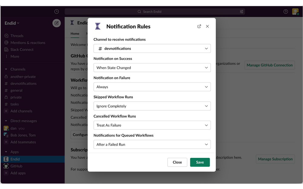 Endid for GitHub feature detail — Project Management app on the Slack Marketplace