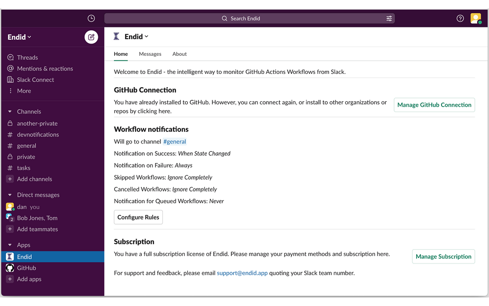 Endid for GitHub dashboard view — Project Management app on the Slack Marketplace