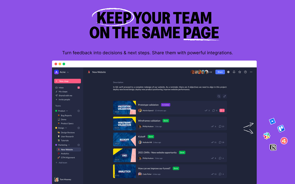 Claap settings interface — Voice & Video app on the Slack Marketplace