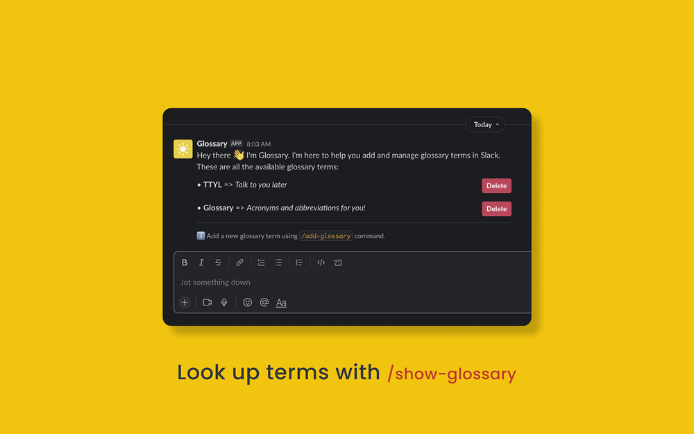 Glossary settings interface — Communication app on the Slack Marketplace
