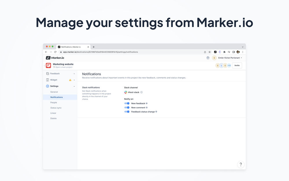 Marker.io settings interface — Design app on the Slack Marketplace