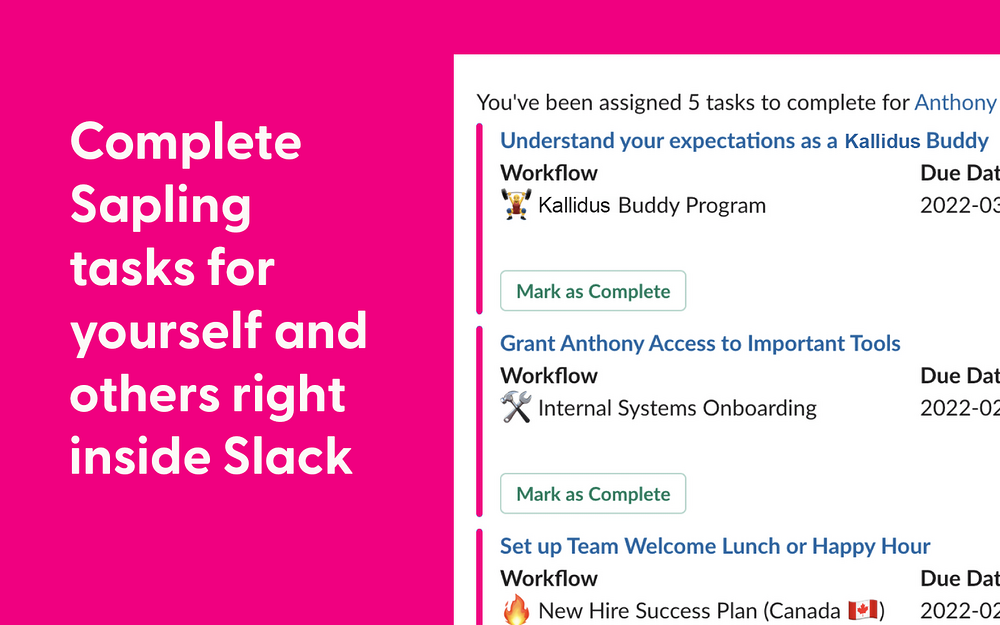 Sapling (kallidus-suite) primary marketing image — HR & Team Culture app on the Slack Marketplace