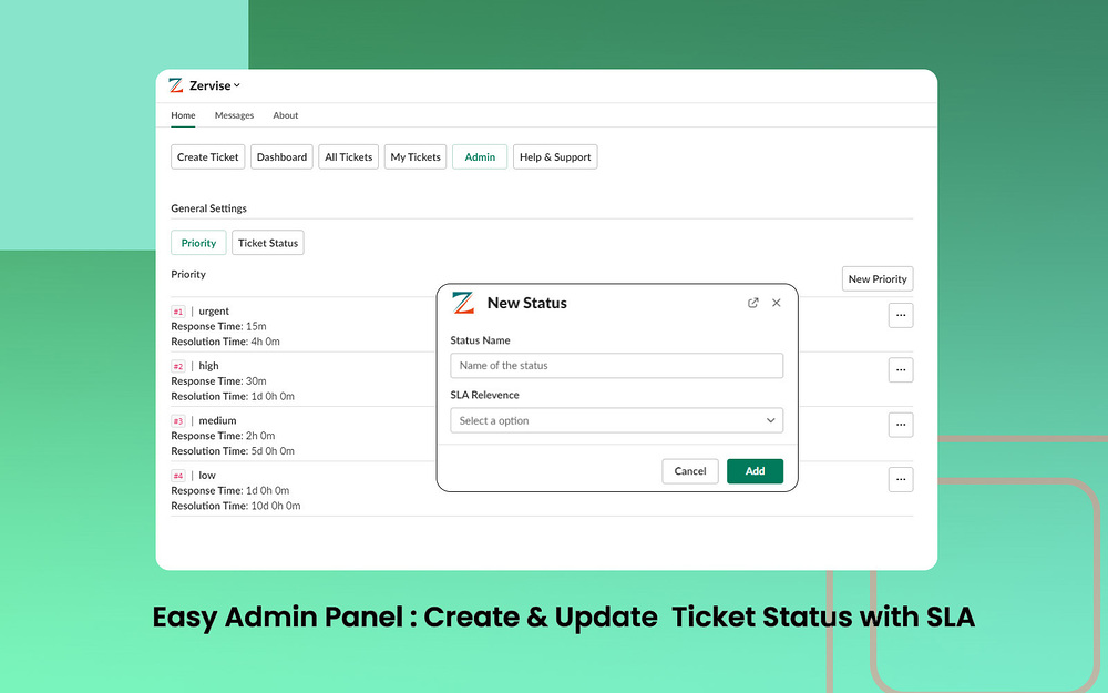 Zervise settings interface — Customer Support app on the Slack Marketplace