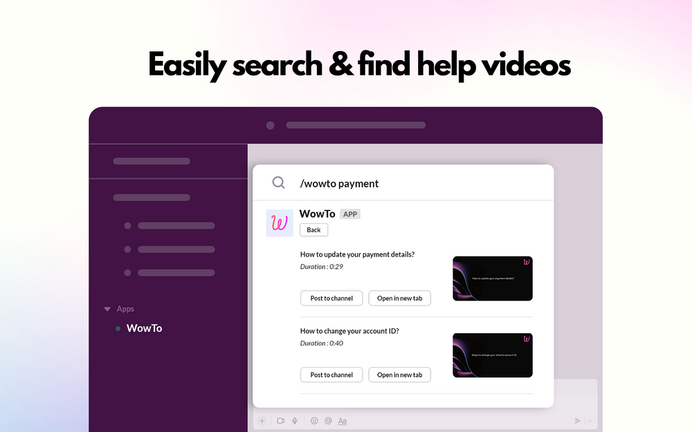 WowTo dashboard view — Voice & Video app on the Slack Marketplace