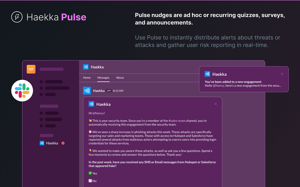 Haekka Security Awareness Training settings interface — Security & Compliance app on the Slack Marketplace
