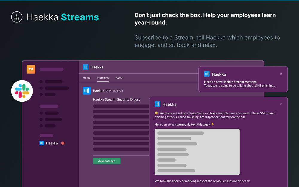 Haekka Security Awareness Training feature detail — Security & Compliance app on the Slack Marketplace