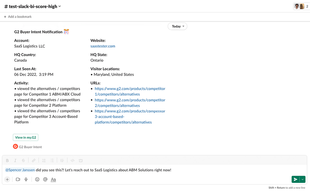 G2 for Slack settings interface — Marketing app on the Slack Marketplace