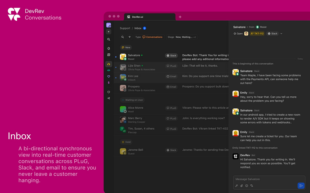 DevRev dashboard view — Customer Support app on the Slack Marketplace